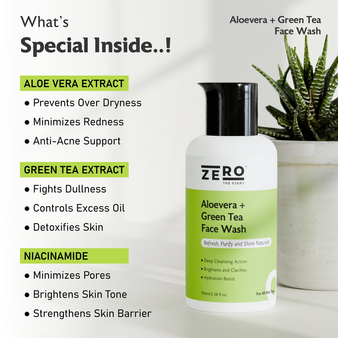 ZERO THE START Aloe Vera Face Wash with Green Tea & Niacinamide