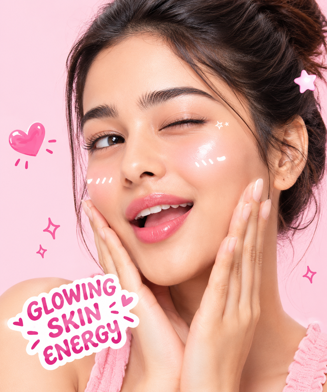 Woman with glowing skin touching her face with “Glowing Skin Energy” text